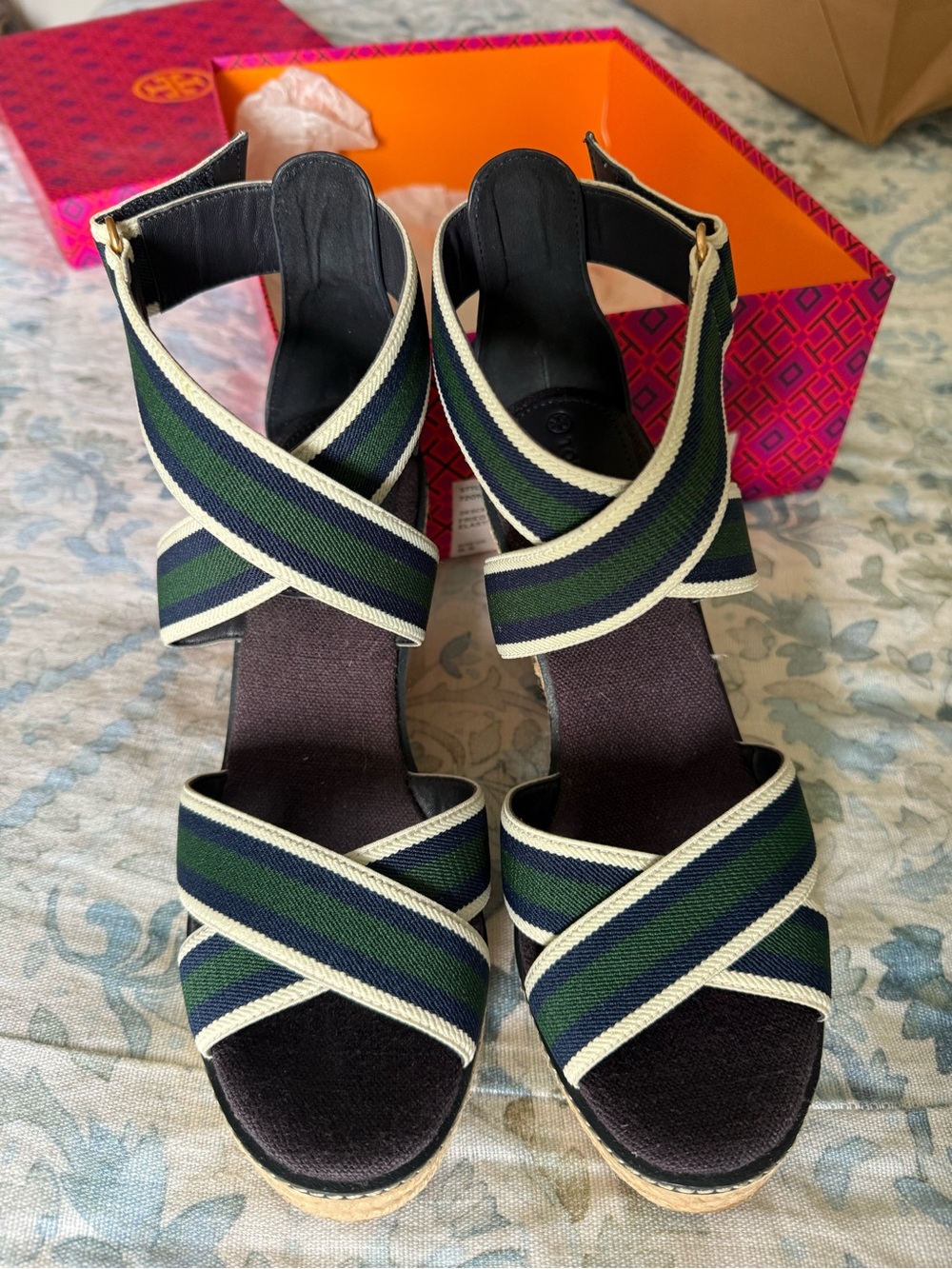 NIB Tory Burch Navy & Green Striped Crisscross Wedge Sandals size 9.5